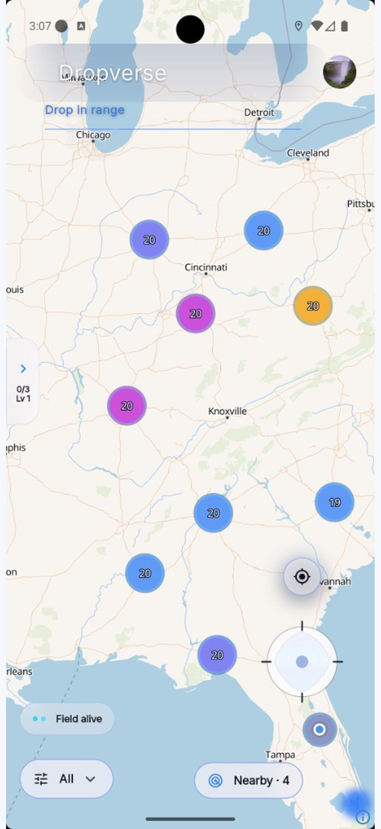 Dropverse app showing nearby drops on the map